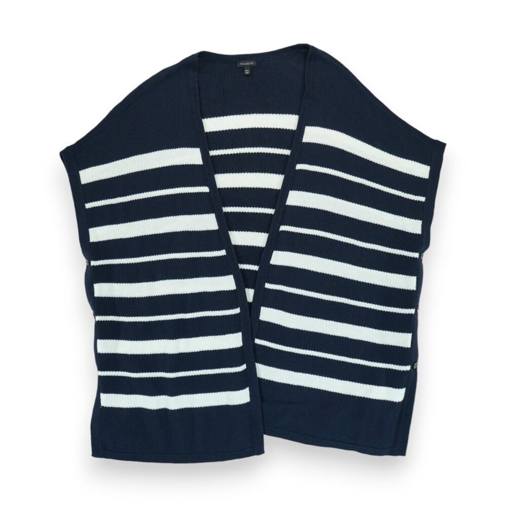NWOT Talbots Cardigan Sweater Poncho Open Front Navy Blue Striped Wrap‎ Vest M/L